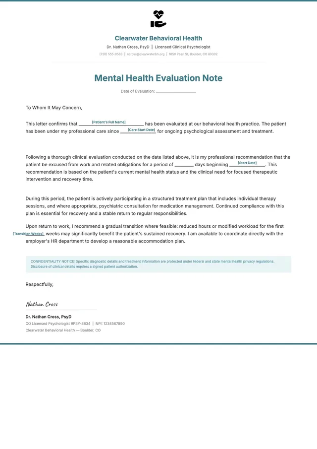 mental health doctor note template
