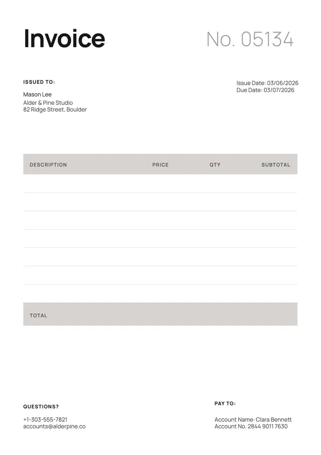 minimal gray catering invoice template