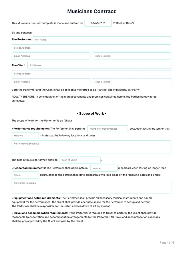 musicians contract template