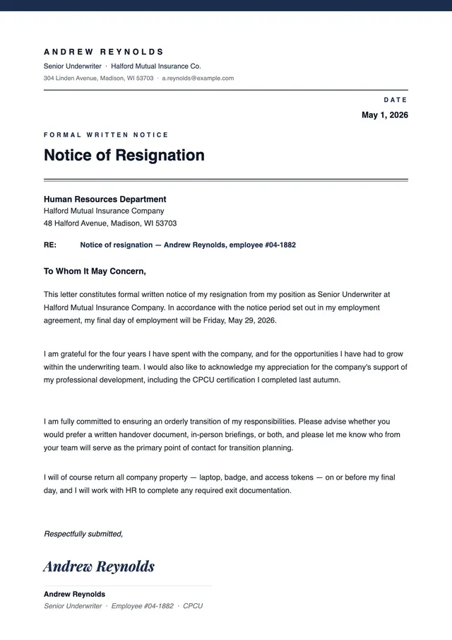 notice of resignation letter template
