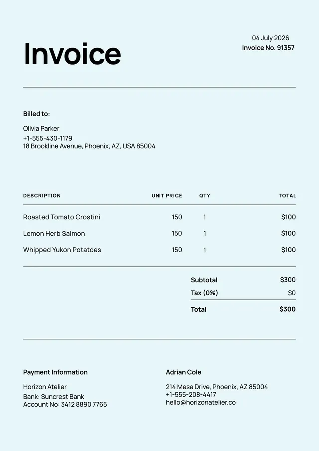 pastel blue catering invoice template
