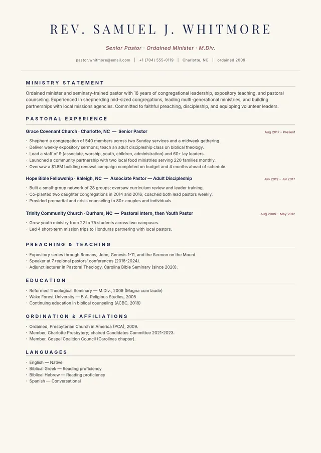 pastor resume template