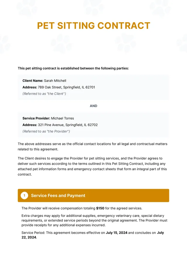 pet sitting contract template