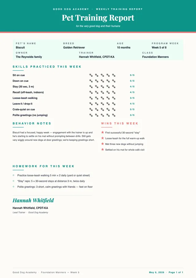 pet training report card template
