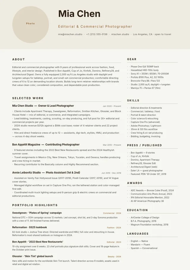 photographer resume template
