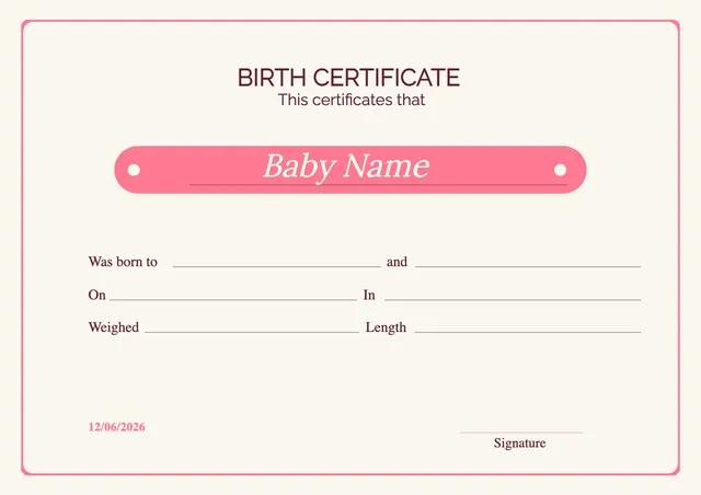 pink ribbon birth certificate template