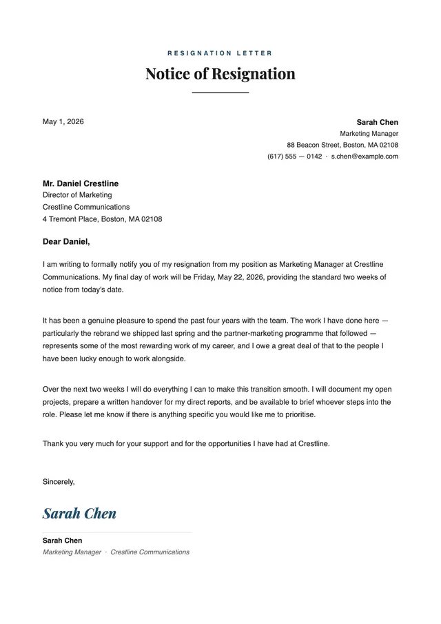 professional resignation letter template