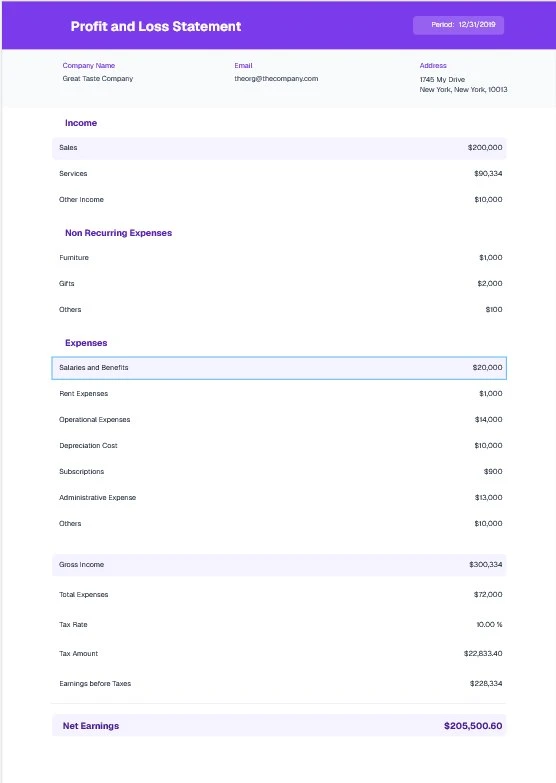 Profit and Loss Statement Template