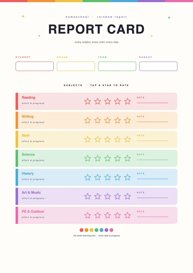 rainbow homeschool report card template