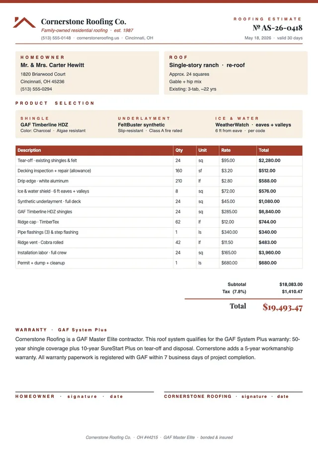 residential roofing estimate template