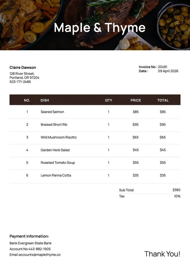 restaurant catering invoice template