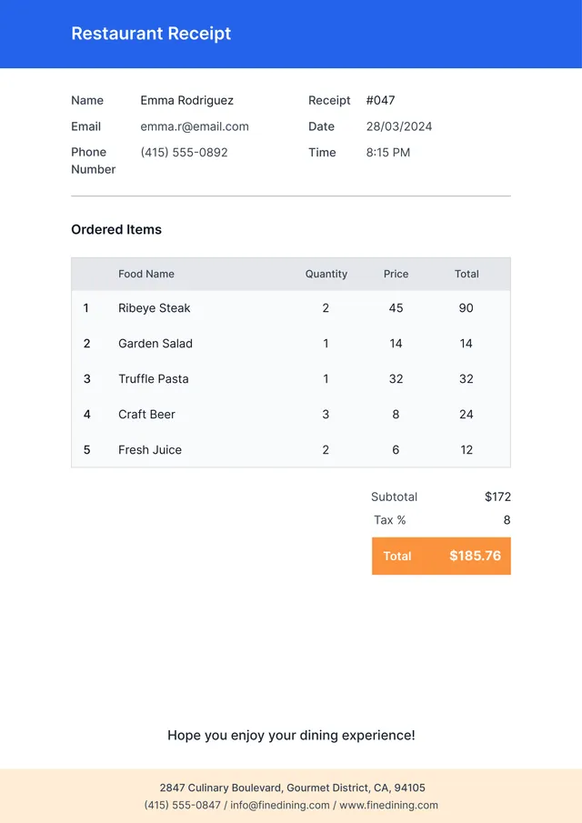 restaurant receipt template