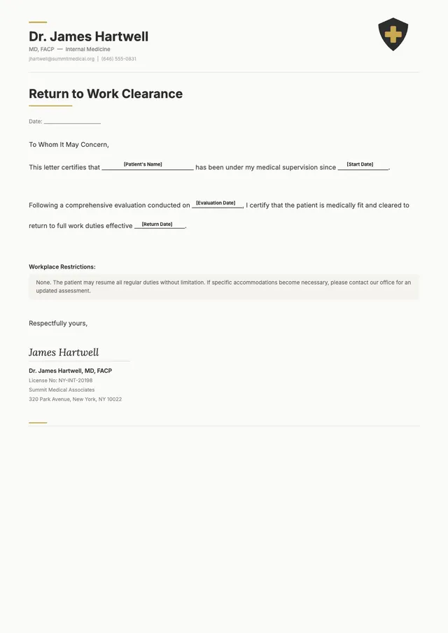 return to work doctor note template