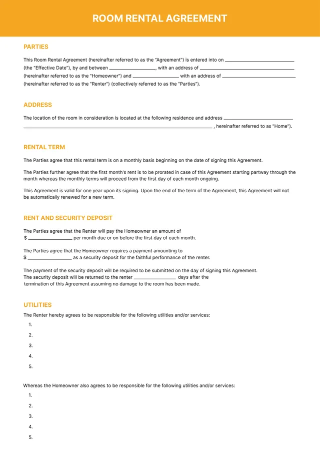 room rental agreement template
