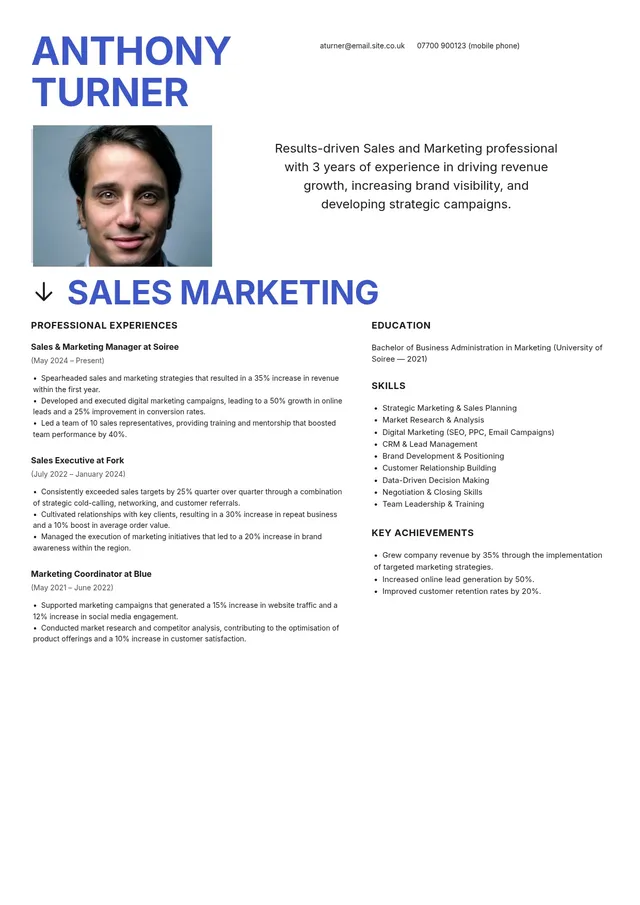 sales and marketing manager resume template