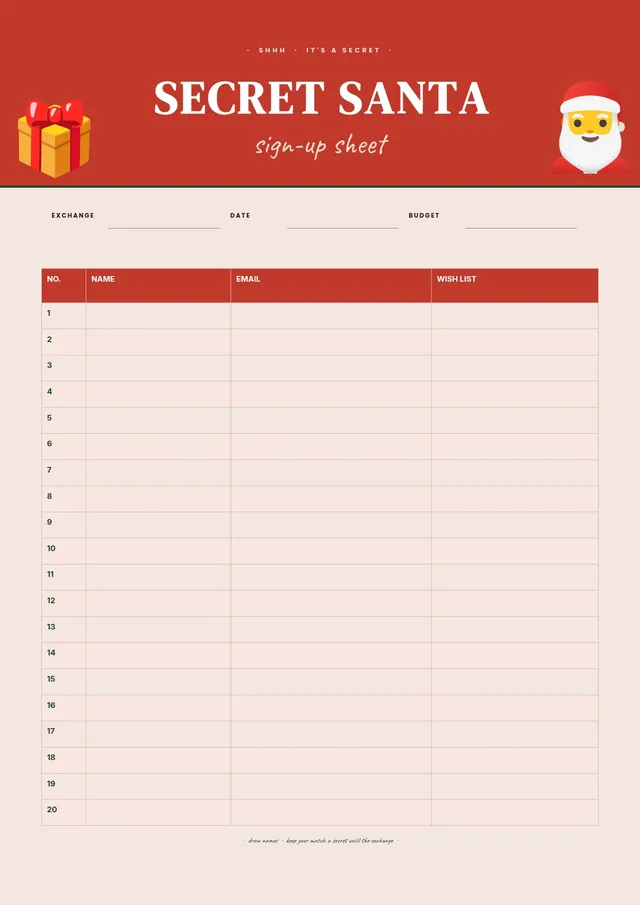 secret santa sign up sheet template