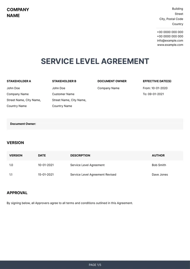 service level agreement template