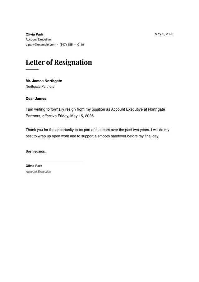short resignation letter template