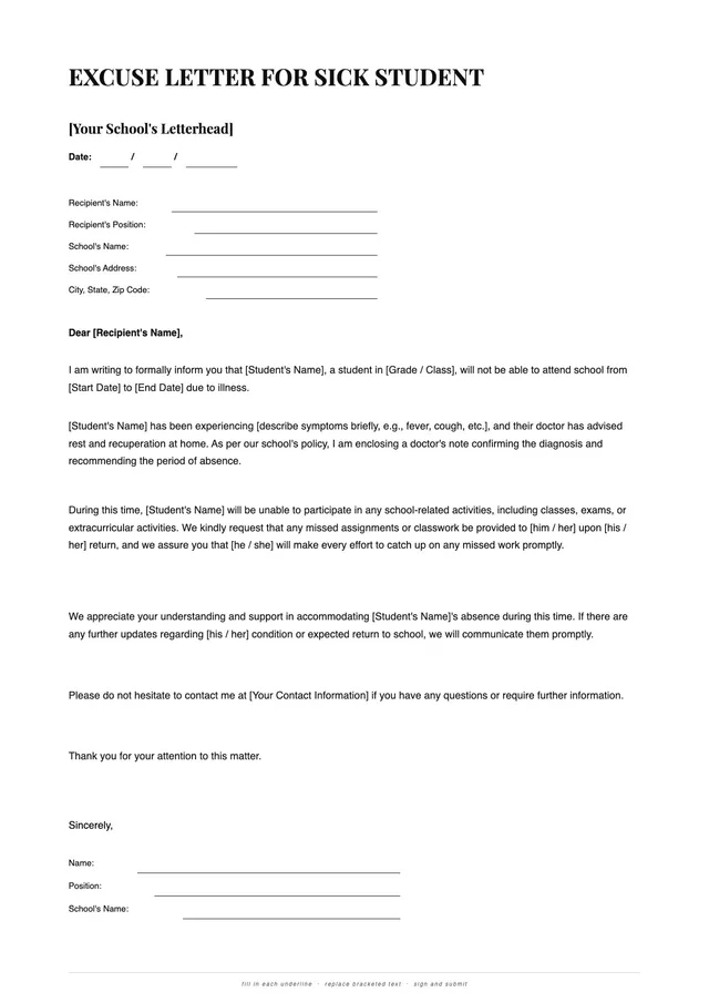 sick student excuse letter template