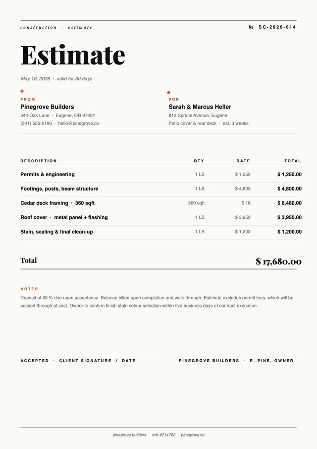 simple construction estimate template