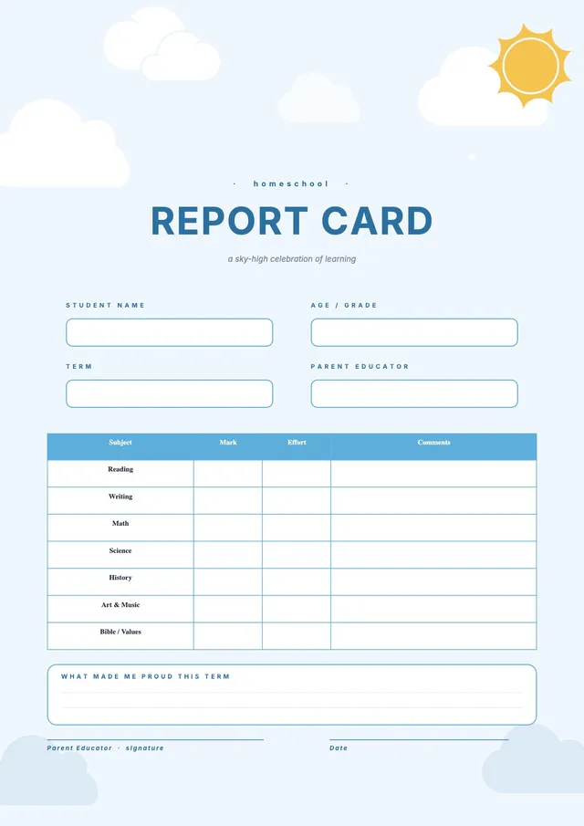 sky homeschool report card template