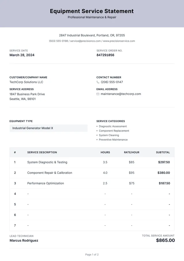 small engine repair invoice template