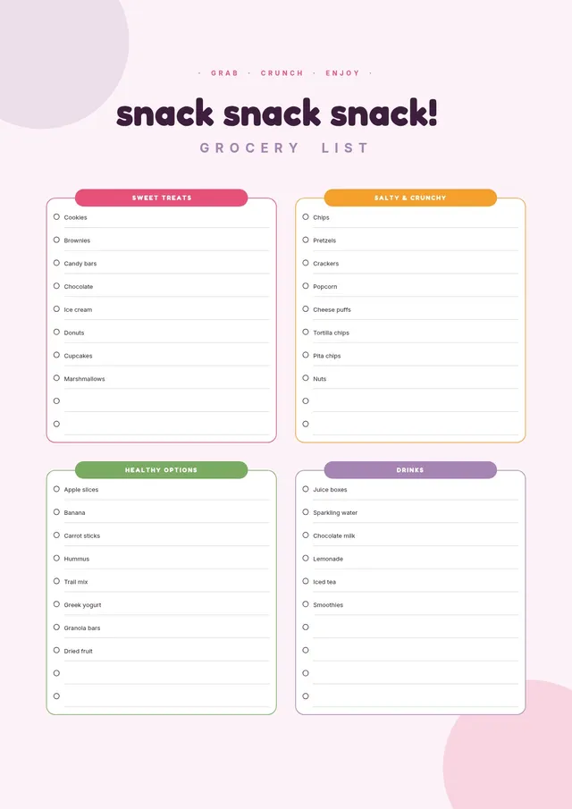 snack grocery list template