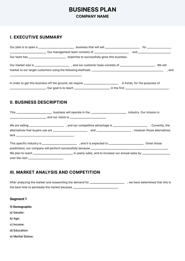 startup business plan template