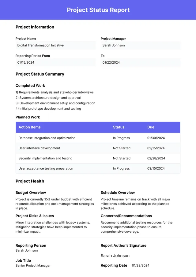 status report template