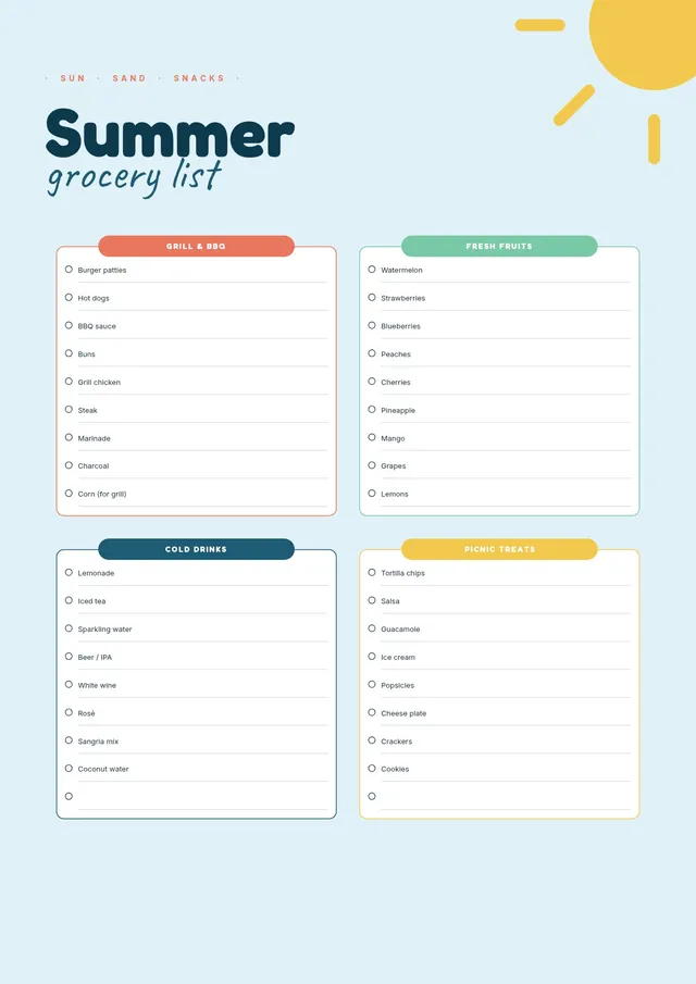 summer grocery list template