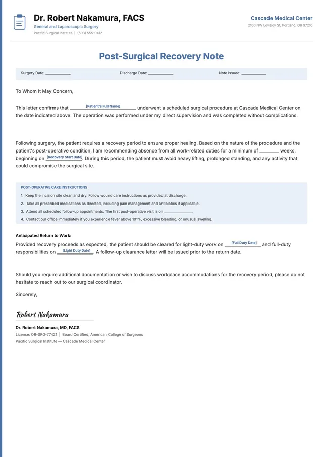 surgery recovery doctor note template