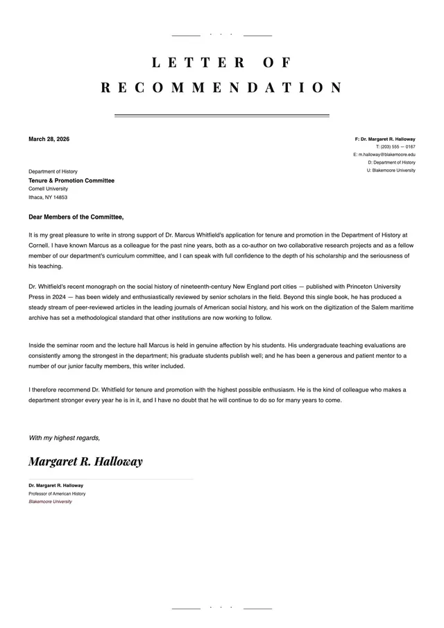 tenure letter of recommendation template