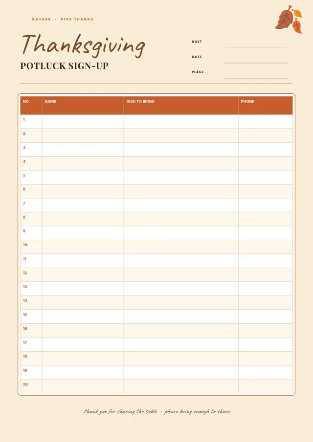 thanksgiving potluck sign up sheet template