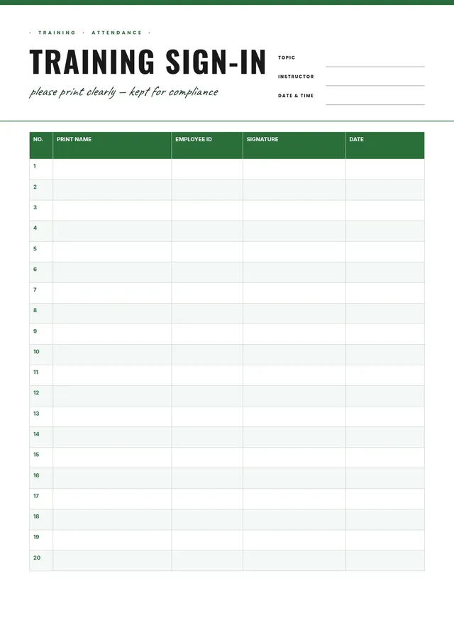 training sign in sheet template