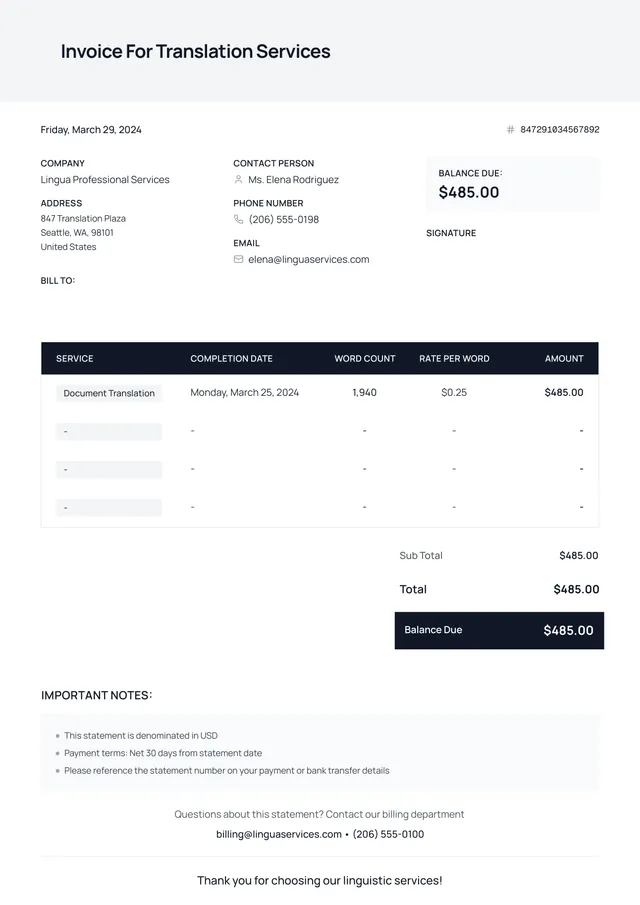 translation services invoice template