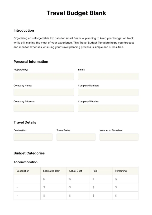 travel budget template