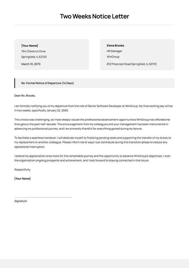 two weeks notice letter template