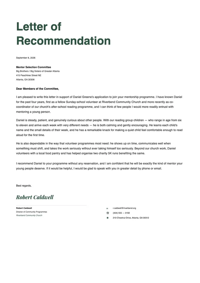 volunteer letter of recommendation template