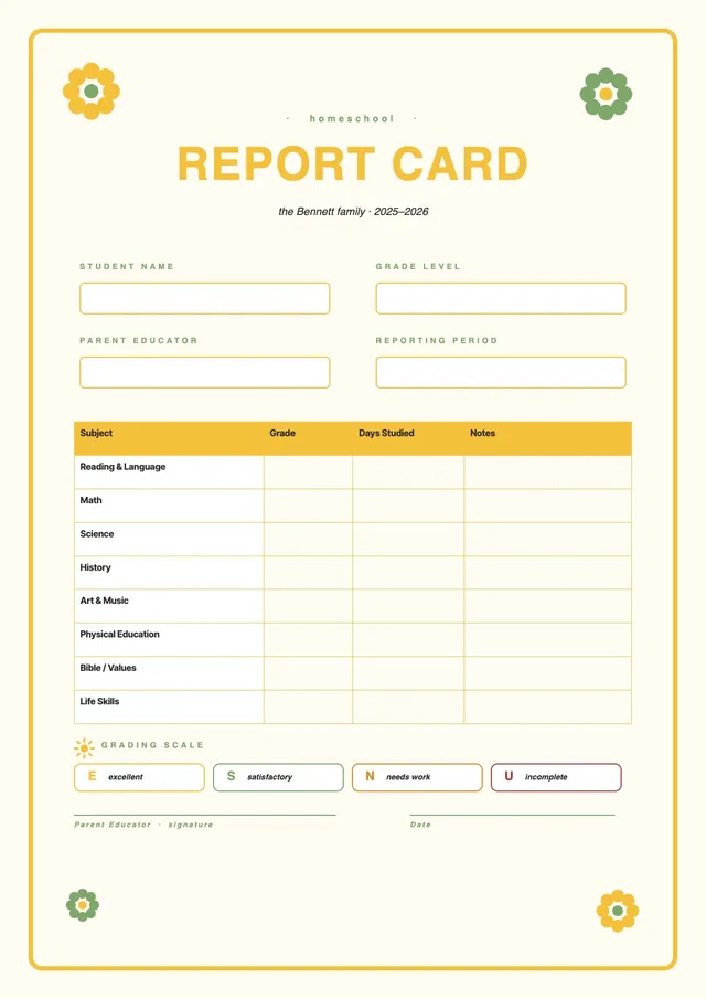 yellow homeschool report card template